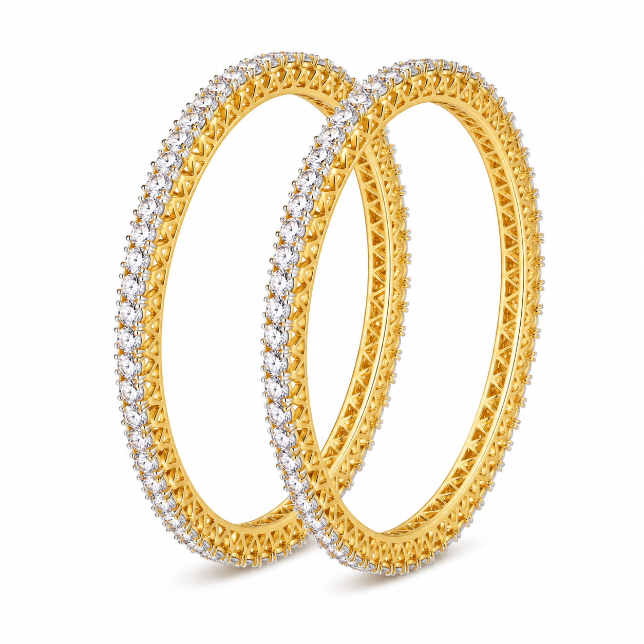 Two gold bangles with rows of clear pavé stones, shown overlapping on a clean white background.