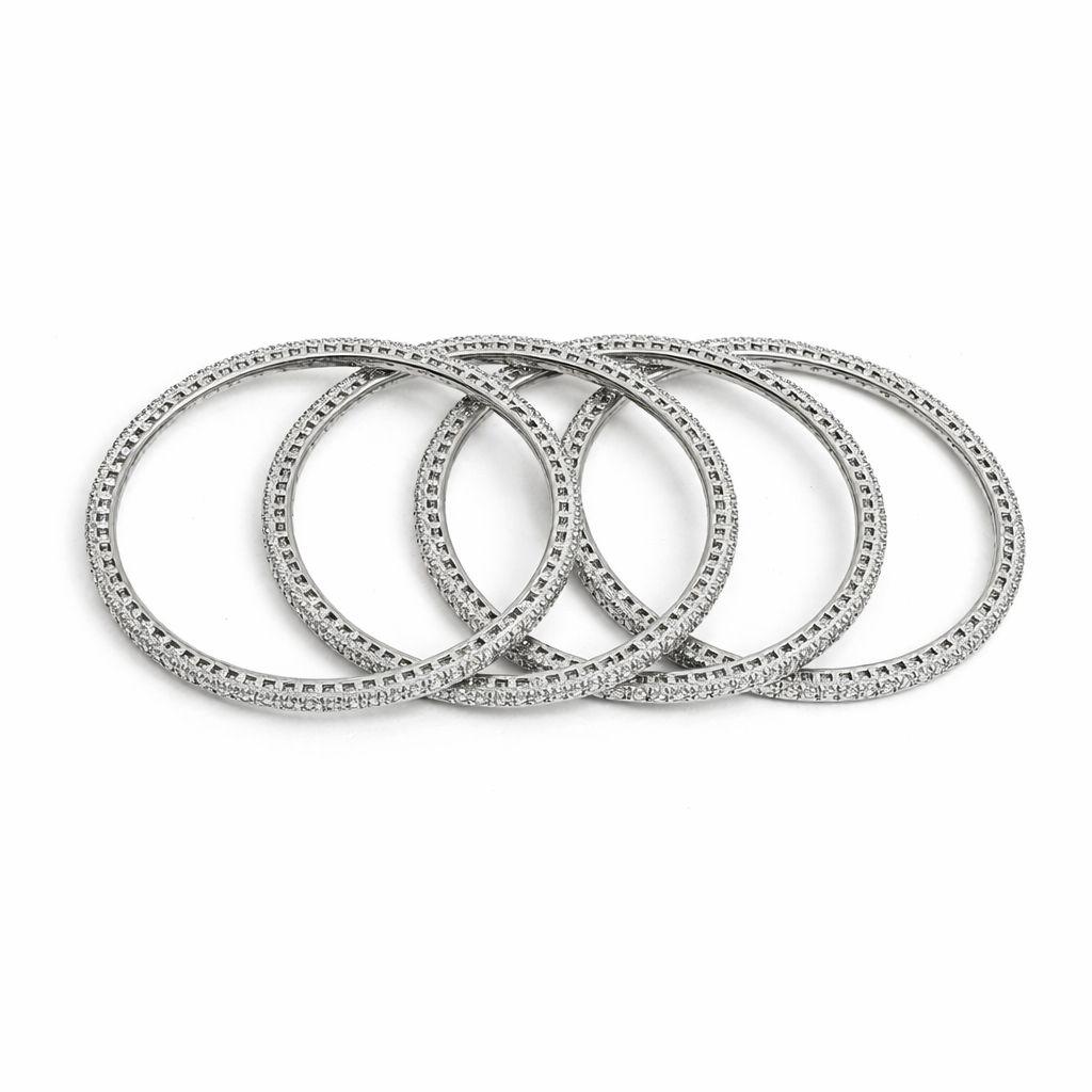 Four silver-toned bangles with intricate beadwork and pavé-set clear stones, arranged in an overlapping fan shape on a white background.