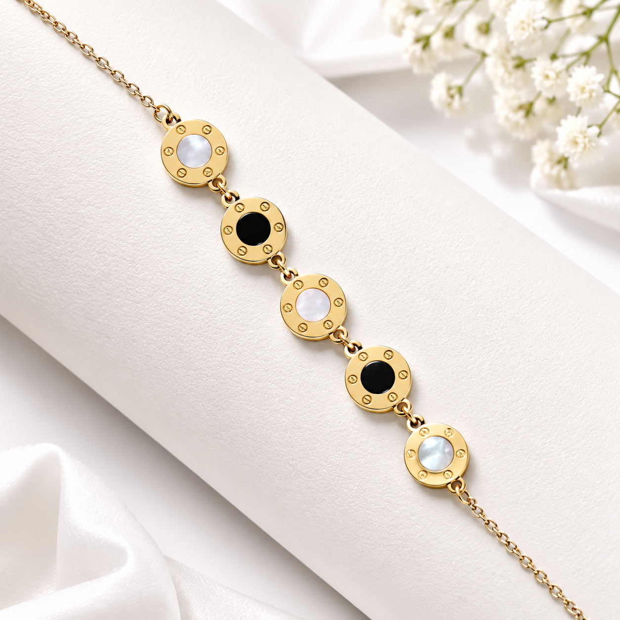 Gold Black & Pearl Disc Bracelet