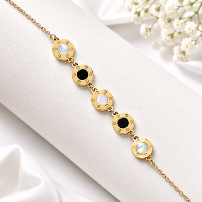 Gold Black & Pearl Disc Bracelet
