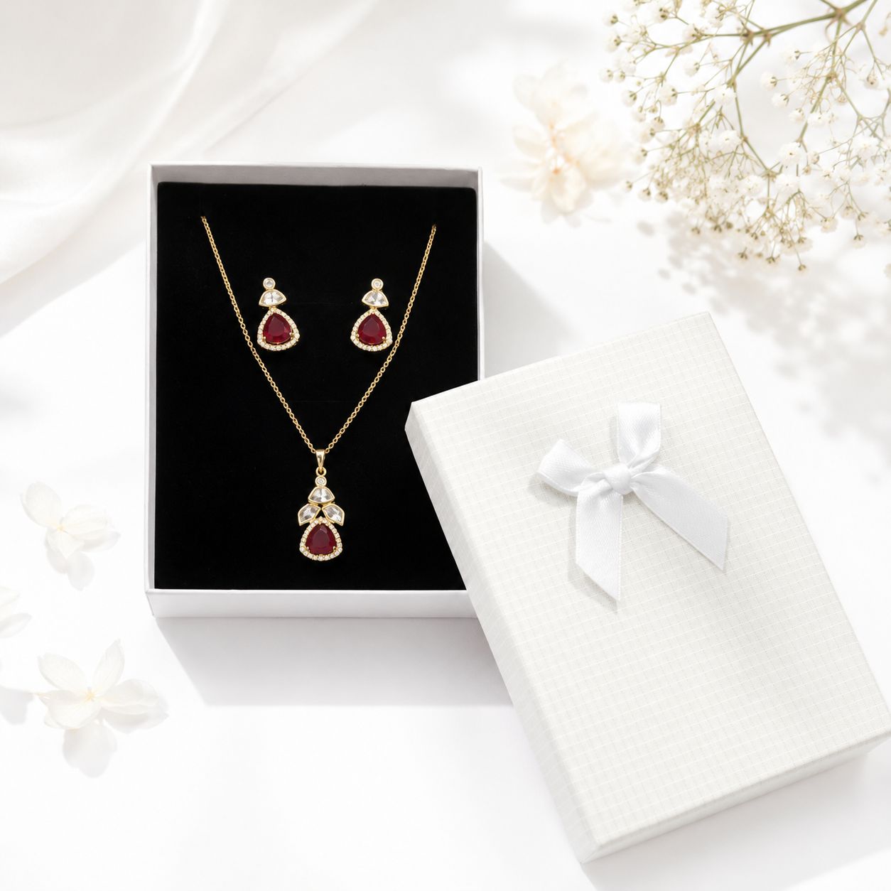 Gold Red Teardrop Crystal Necklace and Earrings Set