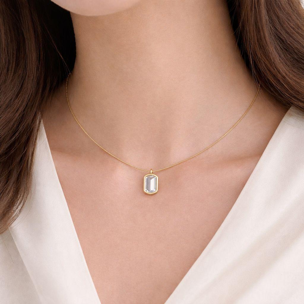 Gold Emerald-Cut Crystal Pendant Necklace