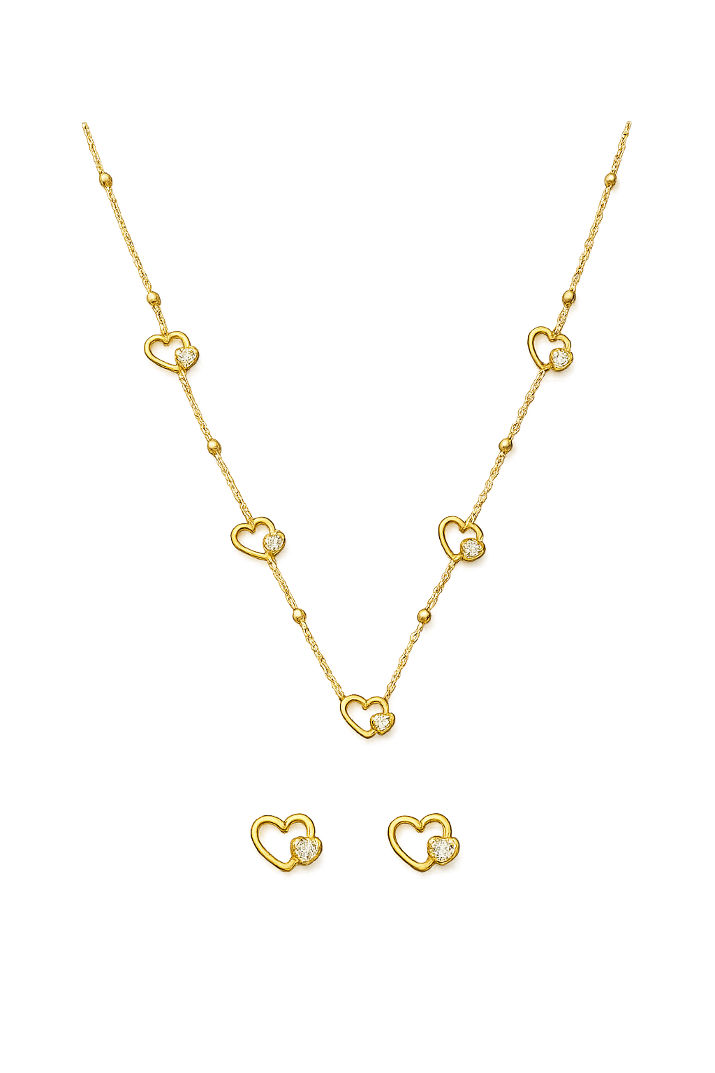 Gold necklace and earrings set on a transparent background