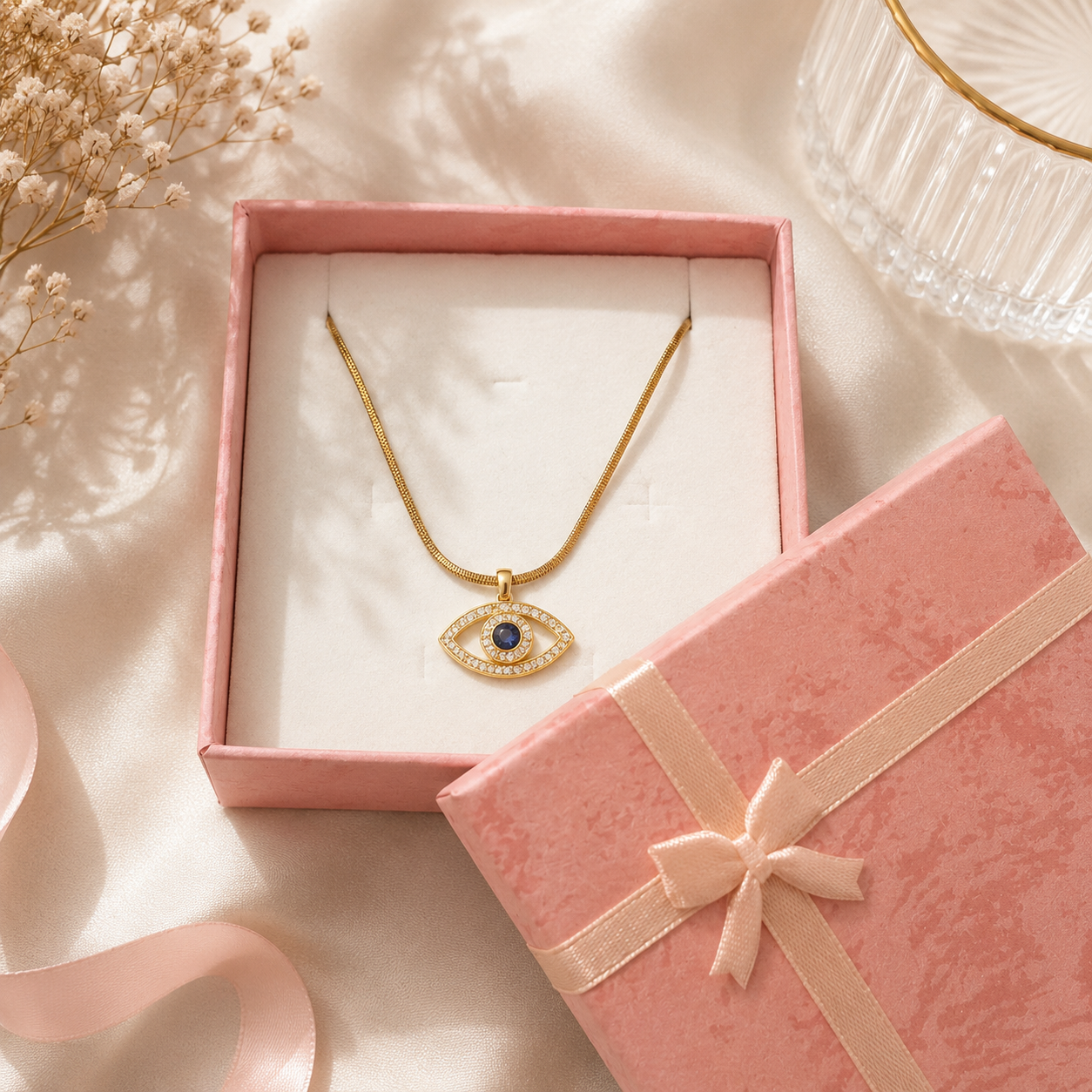 Gold necklace with an eye-shaped pendant in a pink jewelry box on a soft beige background.