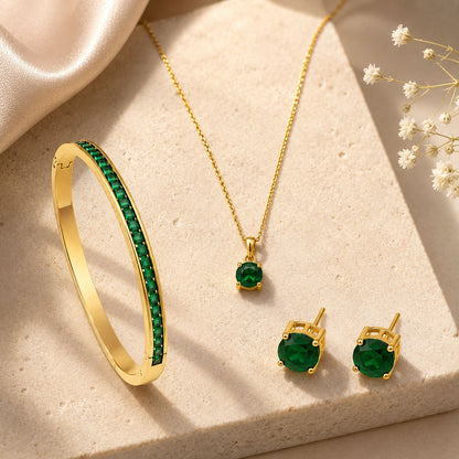 Gold Green Crystal Jewellery Set with bracelet, Necklace & Earrings