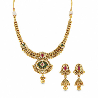 Antique Gold Traditional Necklace and Jhumka Earrings Set