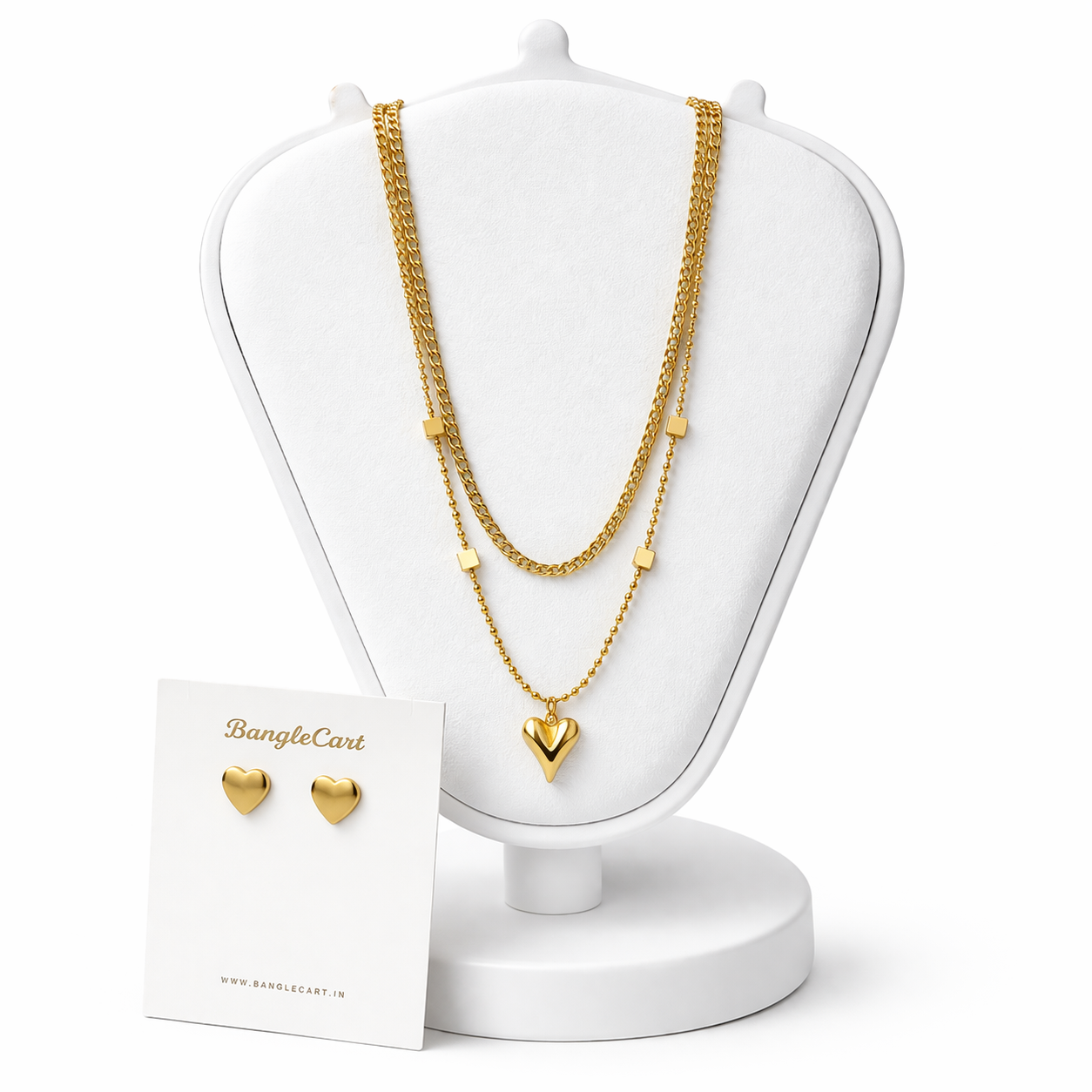 Gold necklace and heart-shaped earrings on a white jewelry display with 'BangleCard' branding.