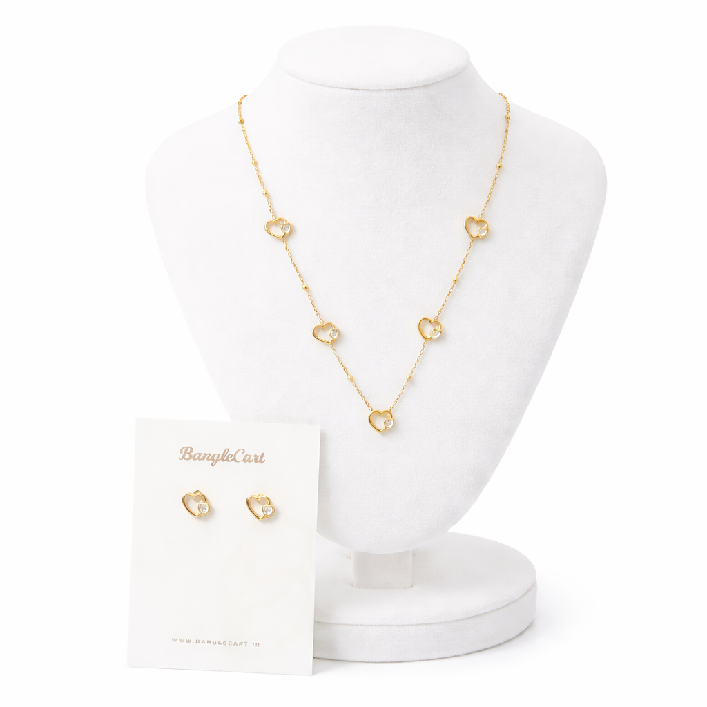 Gold necklace and earrings on a white mannequin bust with 'BangleCat' branding.