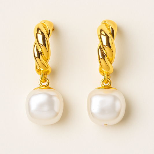 Twisted Gold Link Pearl Earrings