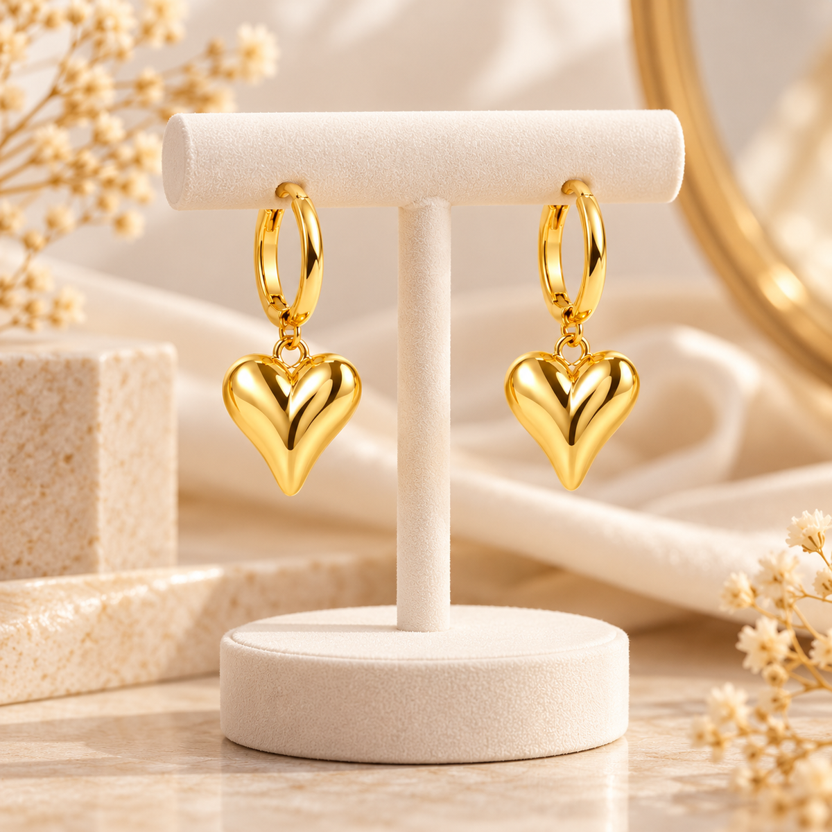 Golden Puffy Heart Hoop Drop Earrings