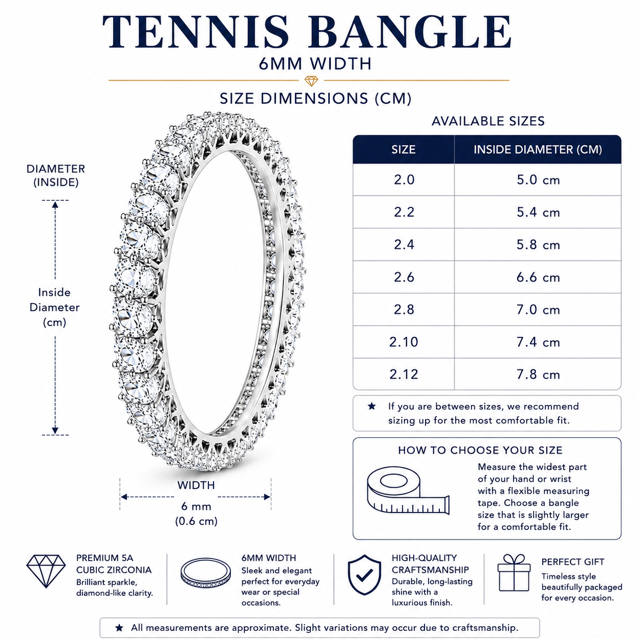 A size measurement chart for a tennis bangle, showing a circular ring diagram with labeled inside diameter and width, plus a size table listing available sizes from 2.0 to 2.