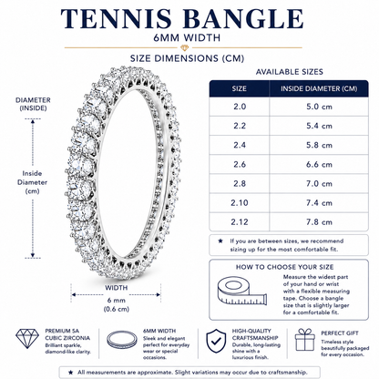 A size measurement chart for a tennis bangle, showing a circular ring diagram with labeled inside diameter and width, plus a size table listing available sizes from 2.0 to 2.