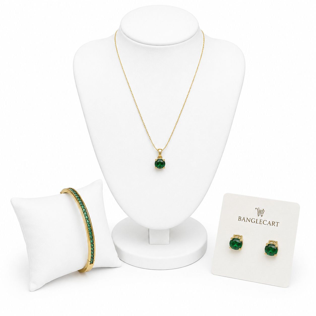 Gold Green Crystal Jewellery Set with bracelet, Necklace & Earrings