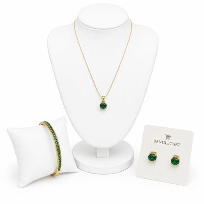 Gold Green Crystal Jewellery Set with bracelet, Necklace & Earrings