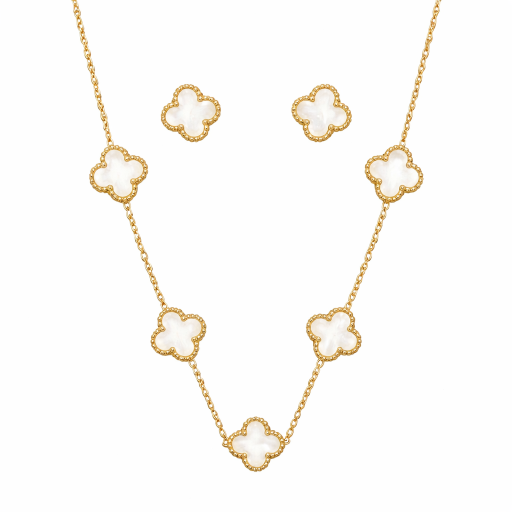 Gold Clover Necklace and Earrings Set