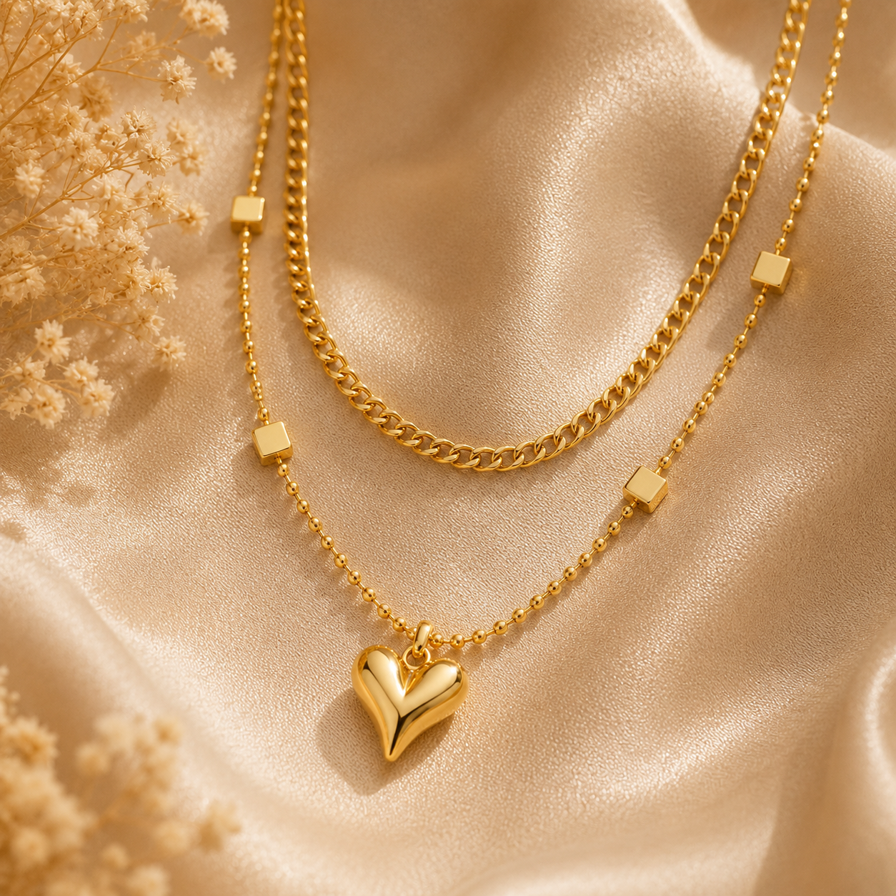 Gold necklace with a heart pendant on a beige fabric background
