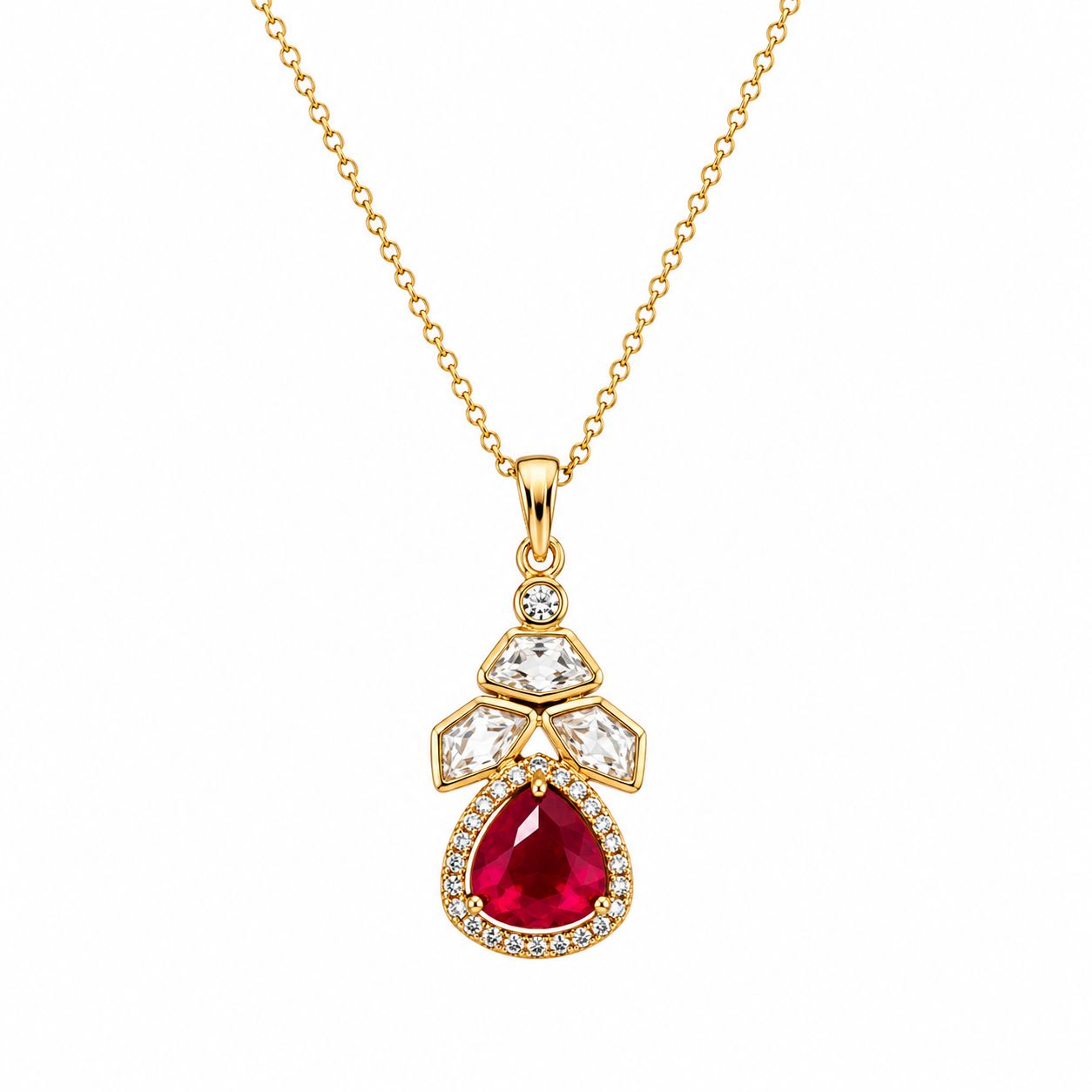 Gold Red Teardrop Crystal Necklace and Earrings Set