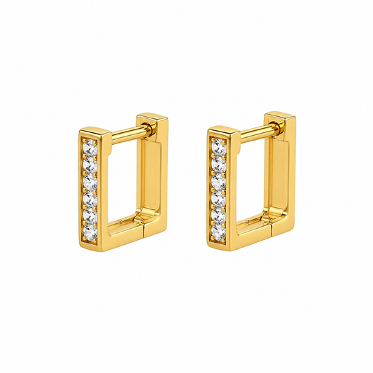 Gold Rectangular Hoop Earrings with Stones