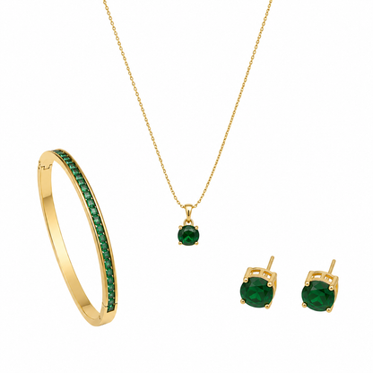 Emerald Green Crystal Jewelry Set – Necklace, Stud Earrings & Bangle