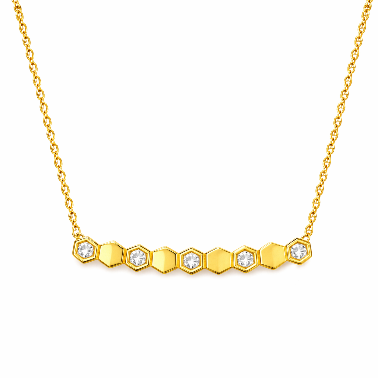 Gold necklace with hexagonal diamond pendants on a white background