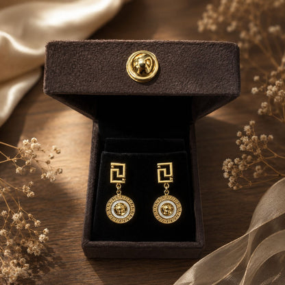 Gold Greek Key Medallion Drop Earrings