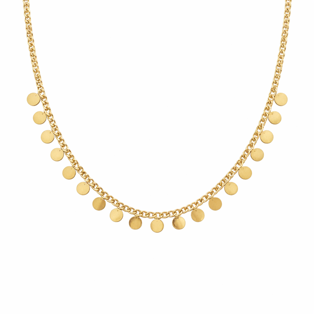 Gold necklace with round pendants on a white background