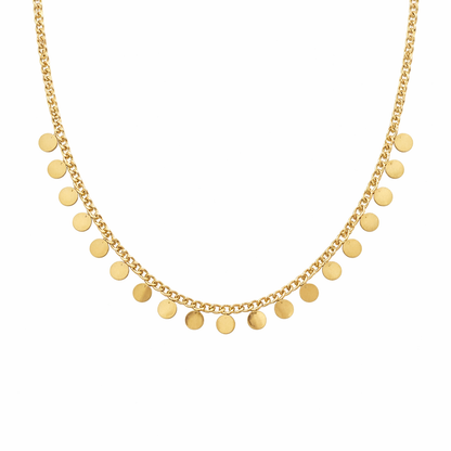 Gold necklace with round pendants on a white background