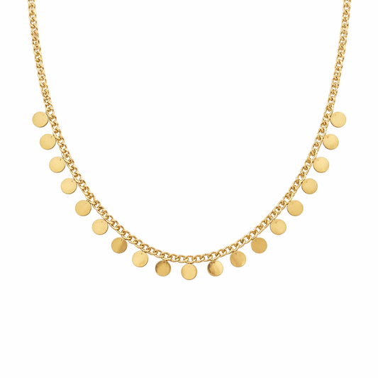 Gold necklace with round pendants on a white background