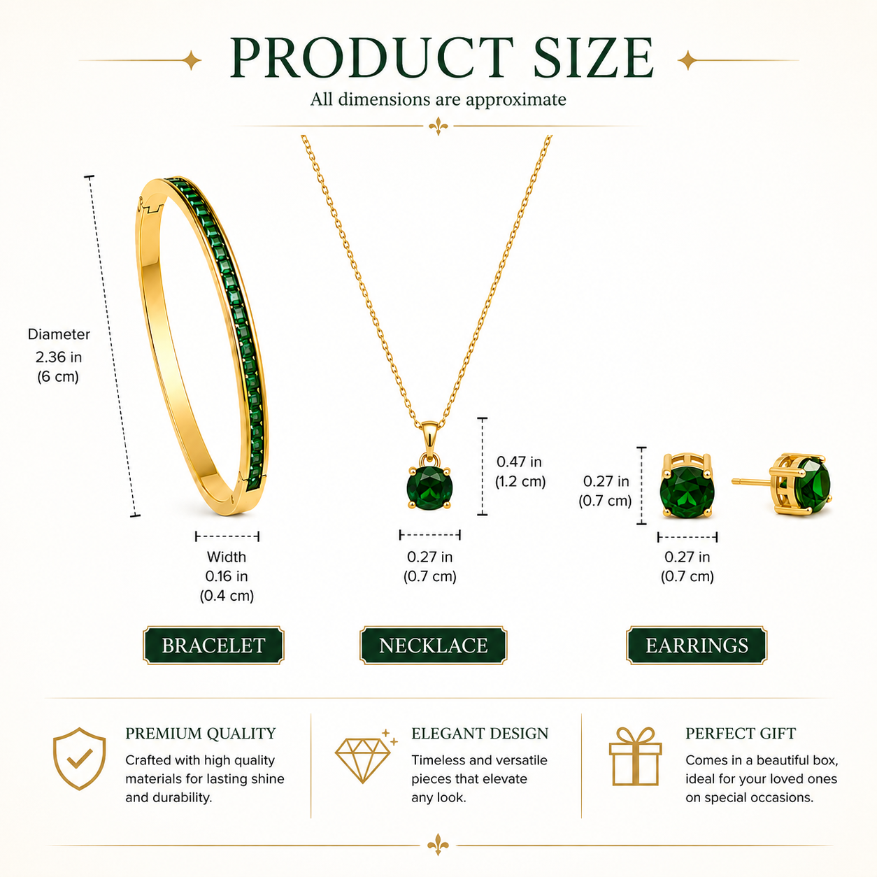 Emerald Green Crystal Jewelry Set – Necklace, Stud Earrings & Bangle