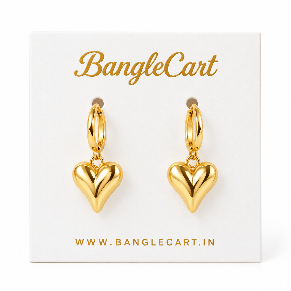 Golden Puffy Heart Hoop Drop Earrings