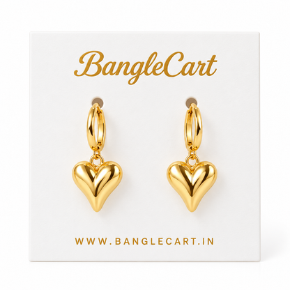 Golden Puffy Heart Hoop Drop Earrings