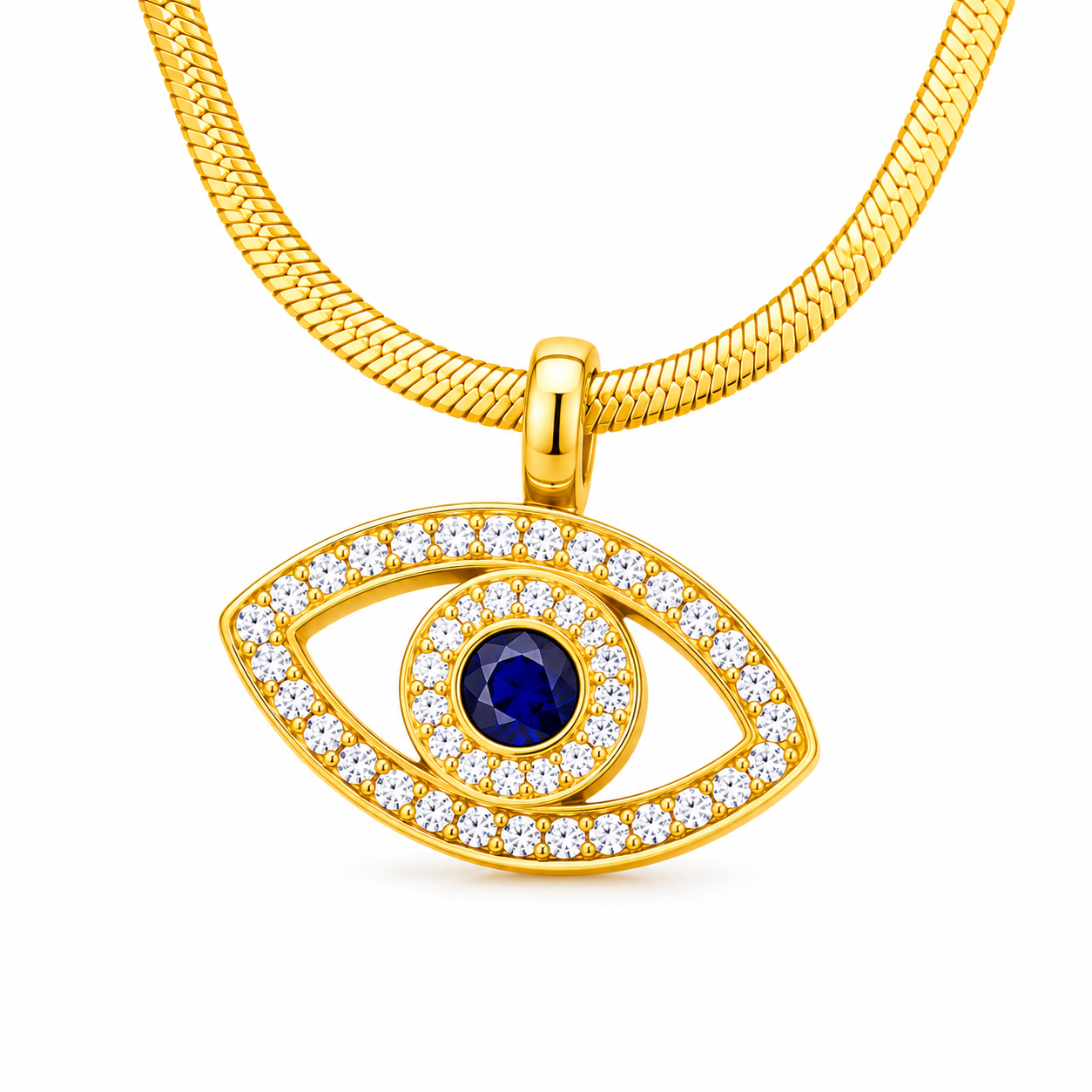 Gold necklace with an eye-shaped pendant featuring a blue gemstone and white stones on a white background