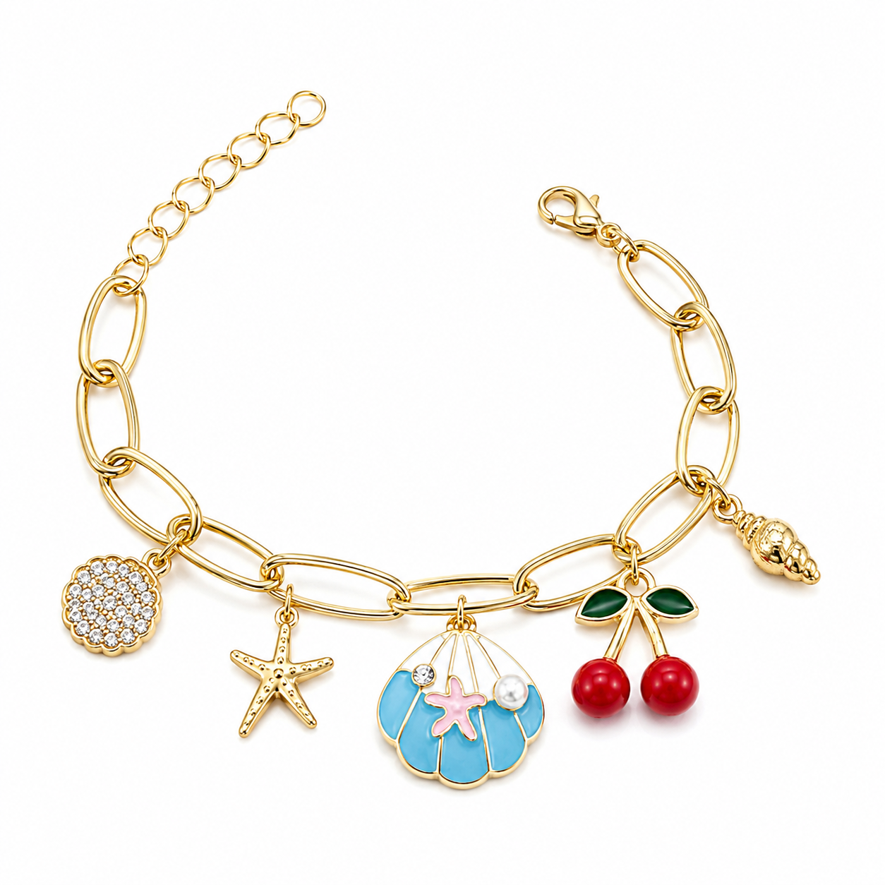 Gold bracelet with various charms on a white background