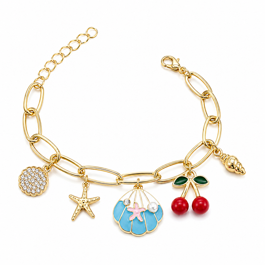 Gold bracelet with various charms on a white background