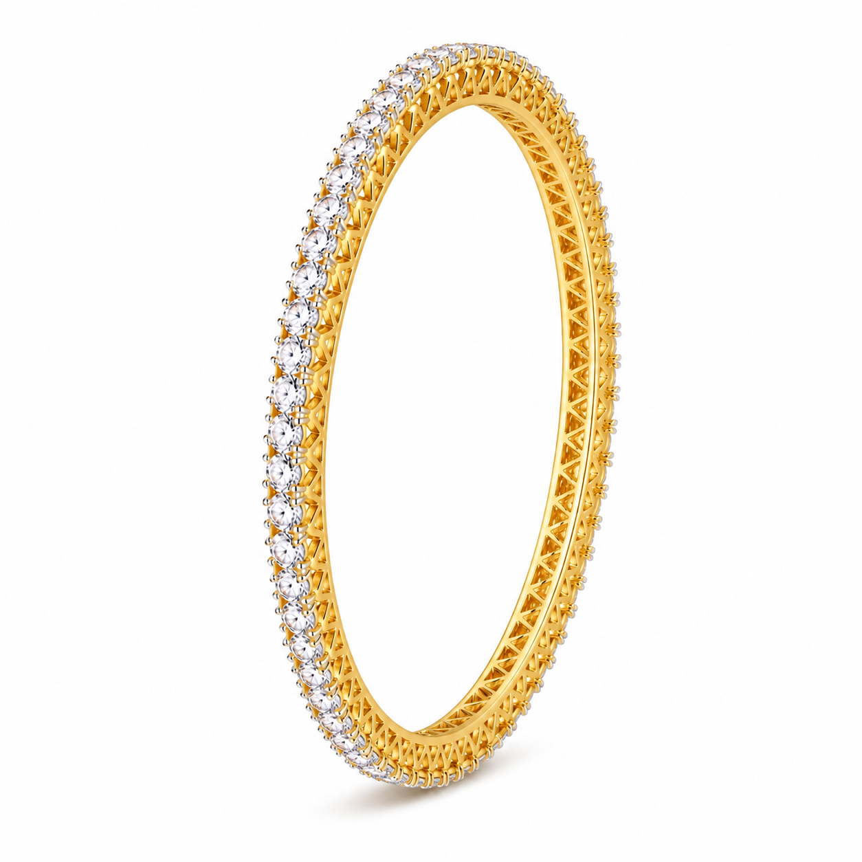 A yellow gold eternity bangle bracelet paved with round clear stones, shown from a three-quarters perspective on a white background.