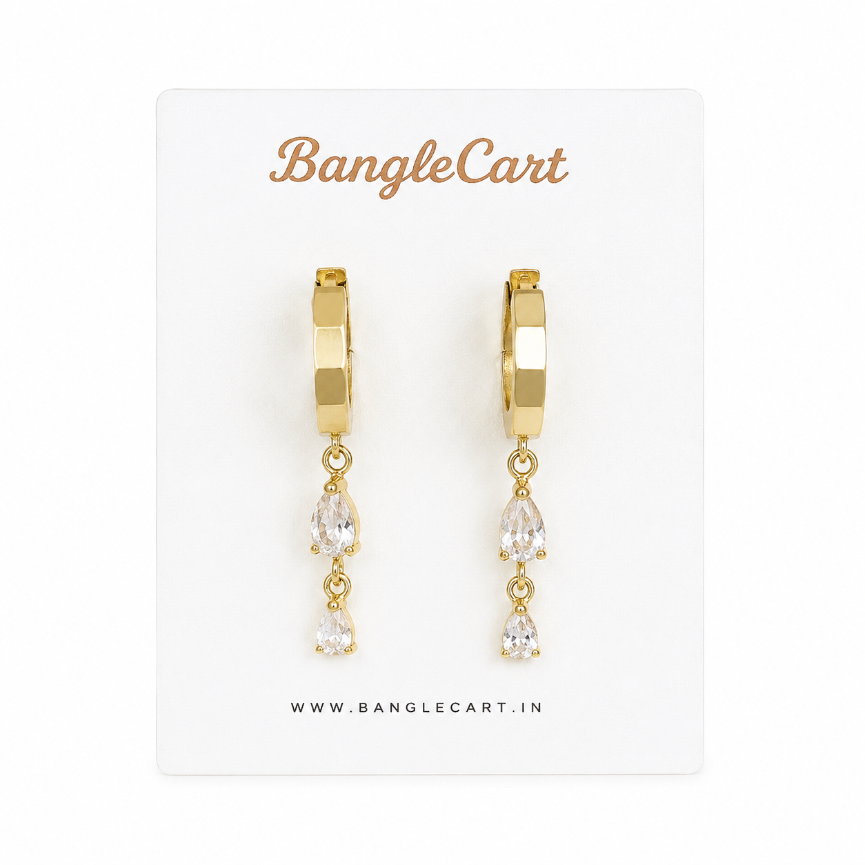 Gold hoop earrings with clear gemstones on a BangleCart branded card.