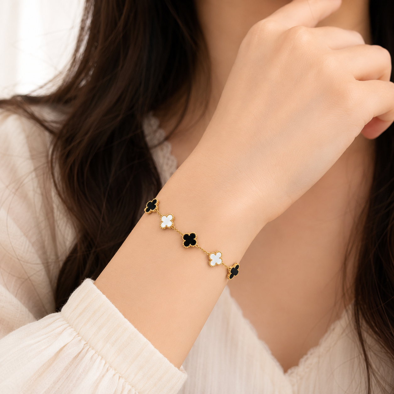 Black & White mini Clover Charm Gold-Tone Bracelet