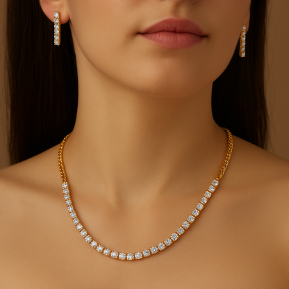 close view of Single Line Diamond Necklace and earrings
