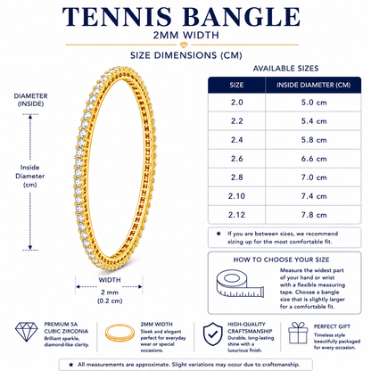 A product information graphic for a tennis bangle, showing a gold-toned bangle with embedded stones, size dimension measurements, a table of available sizes with inside diameters, fit instructions, and feature icons. The text reads 'TENNIS BANGLE 2MM WIDTH'.