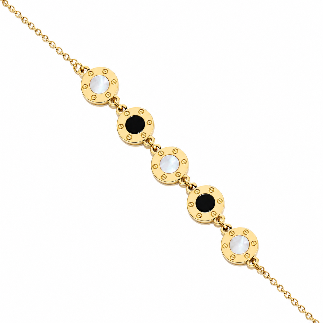 Gold Black & Pearl Disc Bracelet