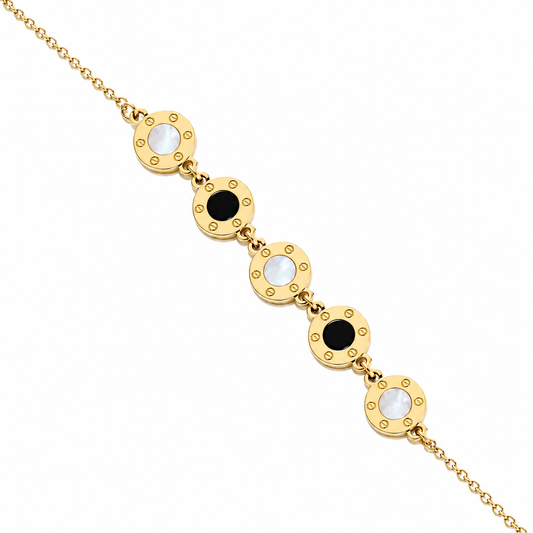 Gold Black & Pearl Disc Bracelet