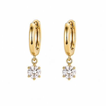 Gold hoop earrings with diamond drops on a white background