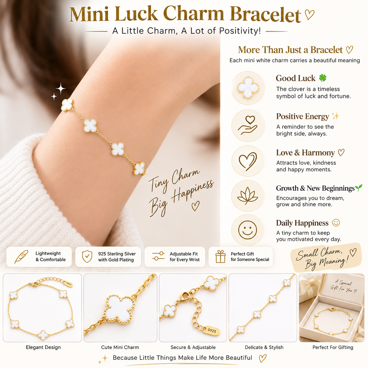 White mini Clover Charm Gold-Tone Bracelet
