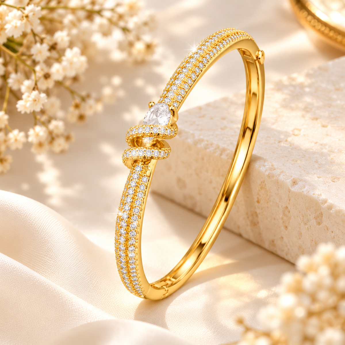 Gold Plated Diamond Look Knot Bangle Bracelet for Women