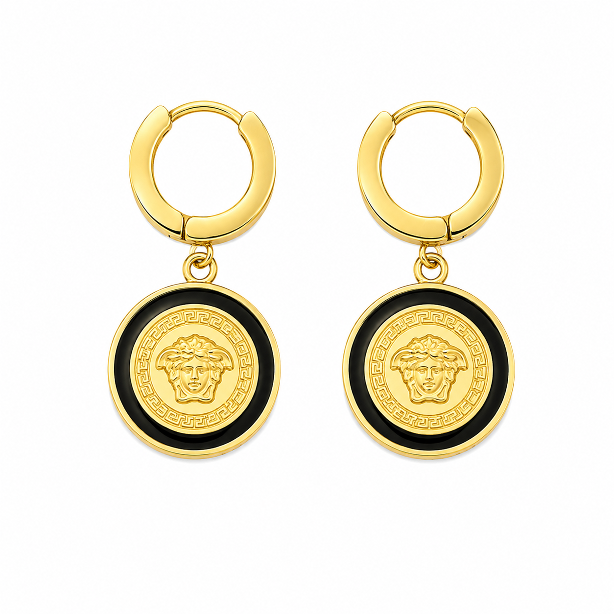 Black Medallion Gold-Tone Drop Earrings