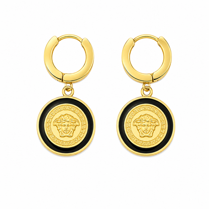Black Medallion Gold-Tone Drop Earrings