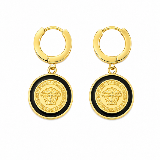 Black Medallion Gold-Tone Drop Earrings