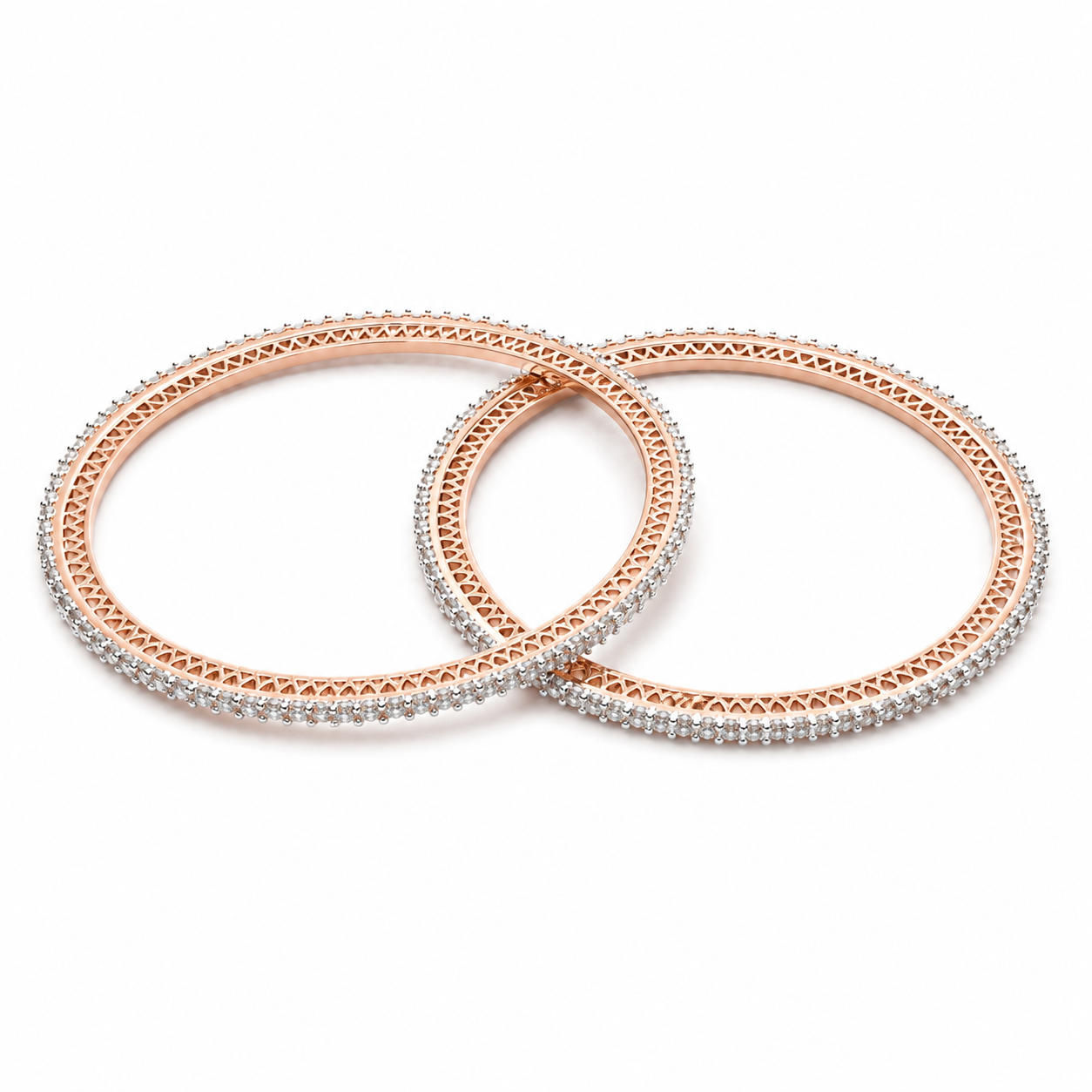 Two rose gold bangles with silver pavé crystal borders, overlapping on a solid white background.