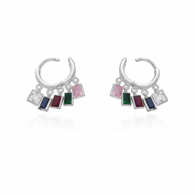 Silver Multicolor Stone Hoop Earrings