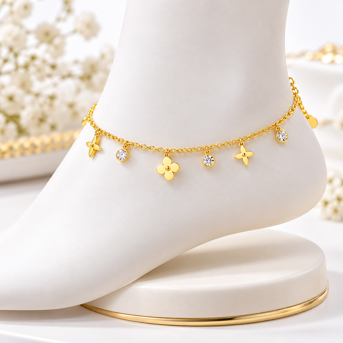Gold Floral Charm Anklet for Women